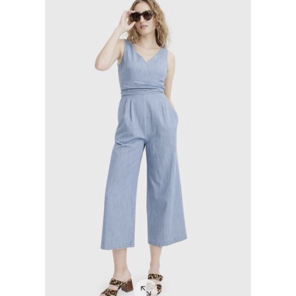J Crew Jumpsuit Women 4 Blue Chambray Wide Leg Cropped Belted Coastal Preppy